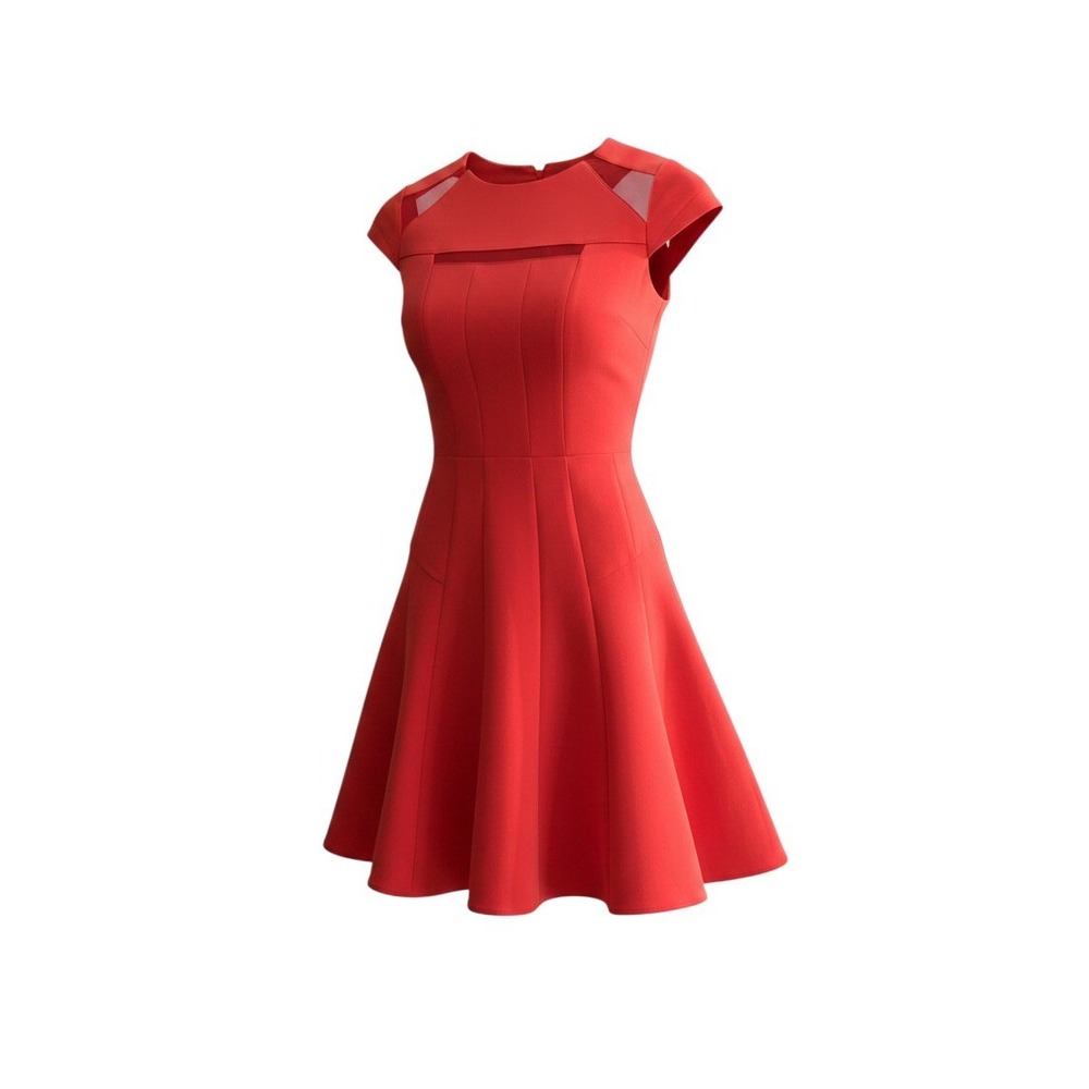 Rickie Freeman Teri Jon Red-Coral Mesh Cutout Fit and Flare Cocktail Dress 4